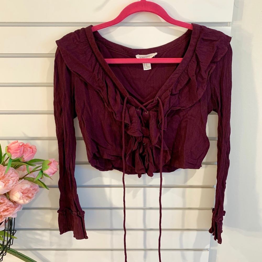 Wine color ruffle lace up crop top